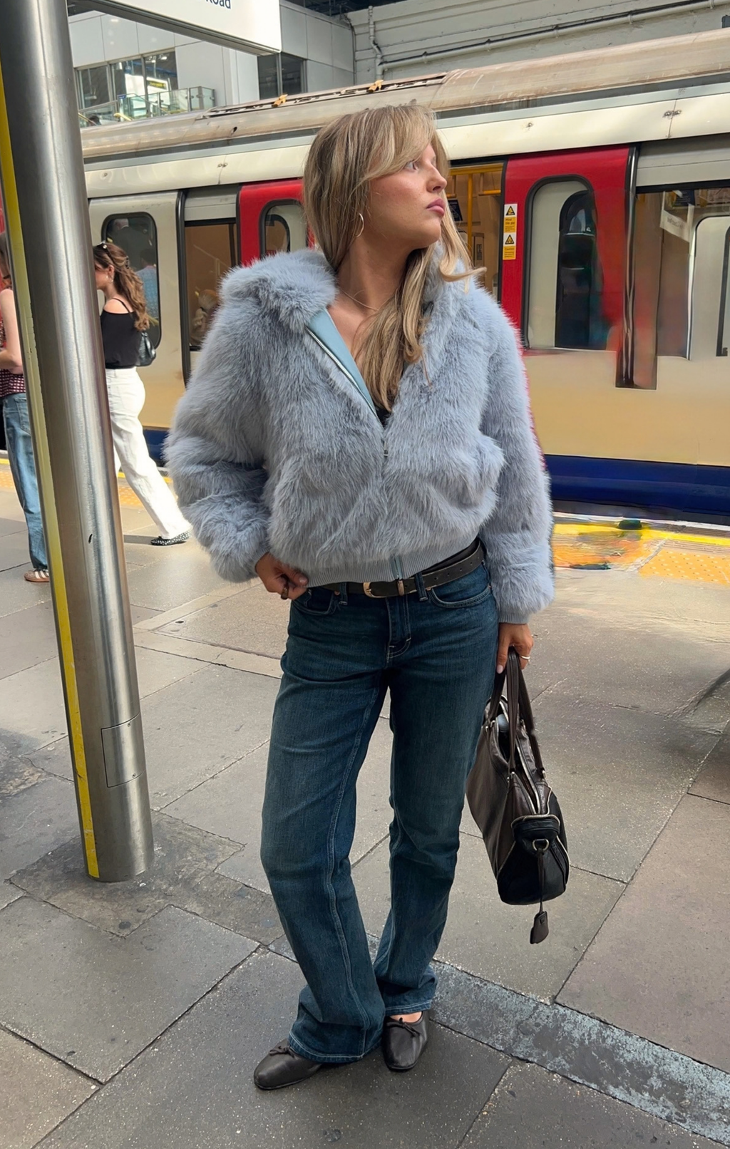 Coming Soon Blue Flossie Faux Fur Bomber Jacket