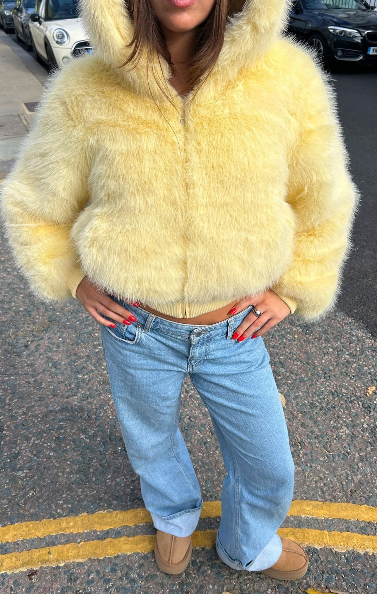 Yellow Flossie Faux Fur Bomber Jacket