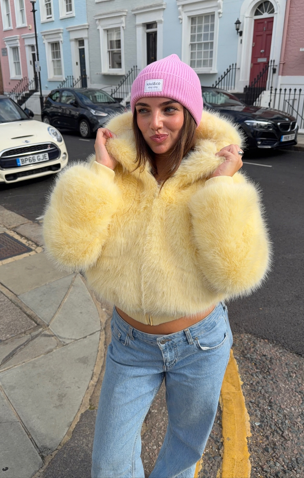 Yellow Flossie Faux Fur Bomber Jacket