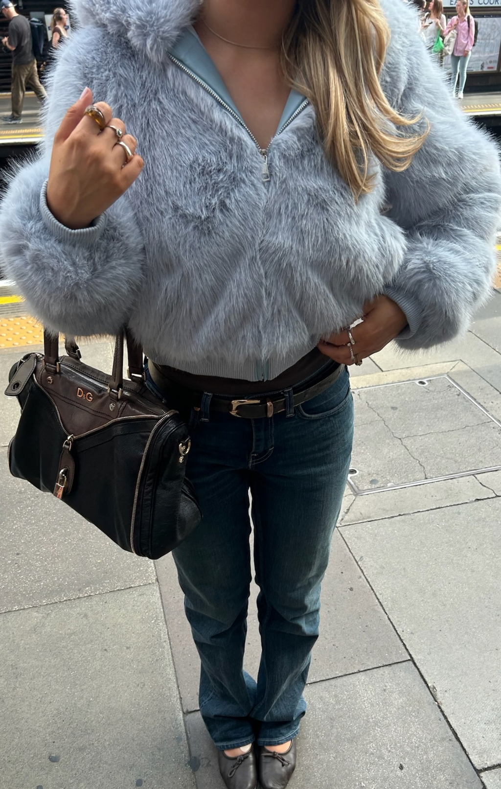 Blue Flossie Faux Fur Bomber Jacket