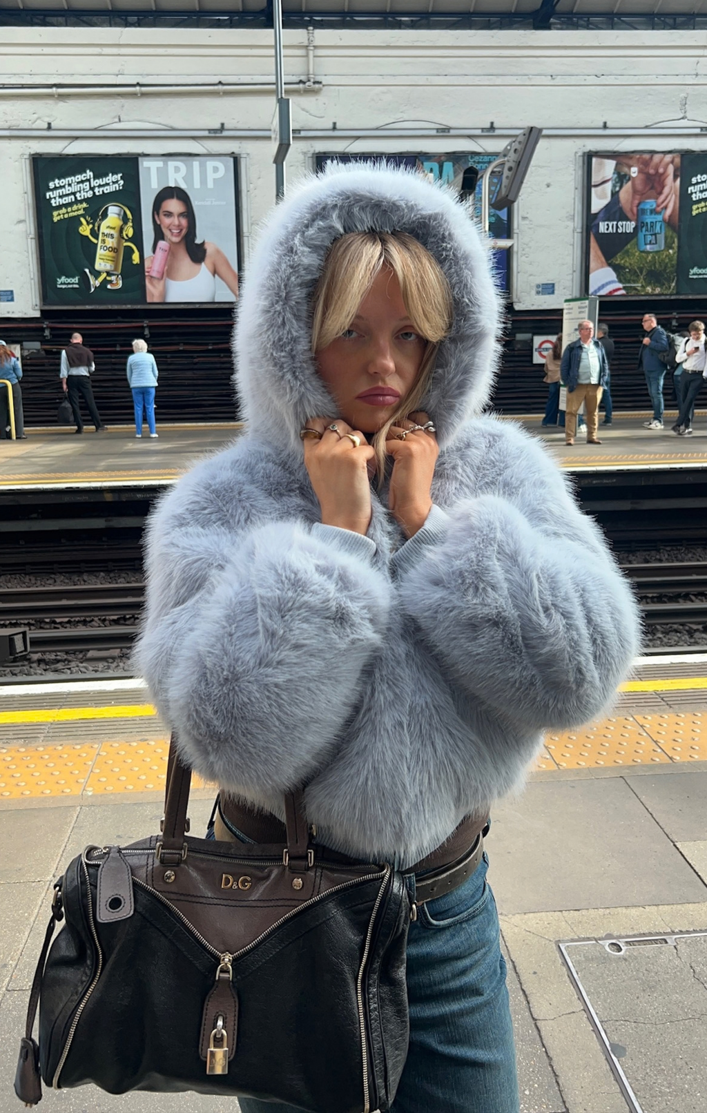 Blue Flossie Faux Fur Bomber Jacket