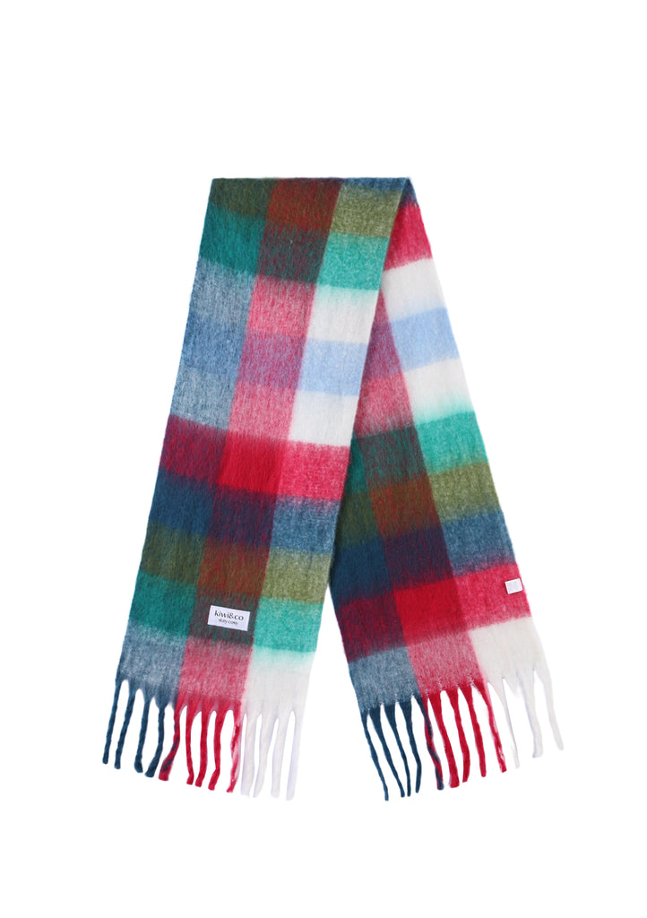 Multicolored plaid scarf with fringes on a white background